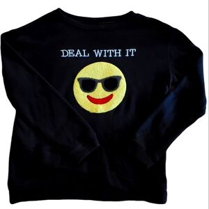 Freeze Sweat Shirt Deal With It Smiley Face Large 11-13 Black Yellow Split Hem